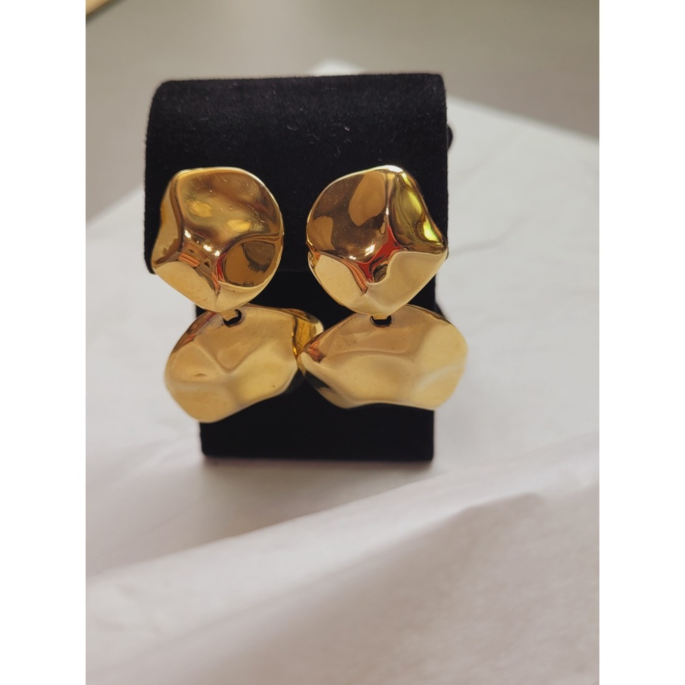 Womens Earrings OS Double Drop Gold Sculptural Hammered Statement ClipOn